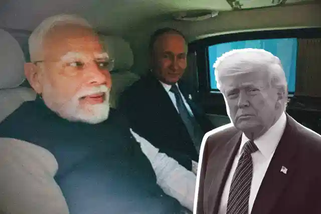 PM Modi and President Putin together in the latter's car at the SCO Summit (background) and President Trump (foreground)..