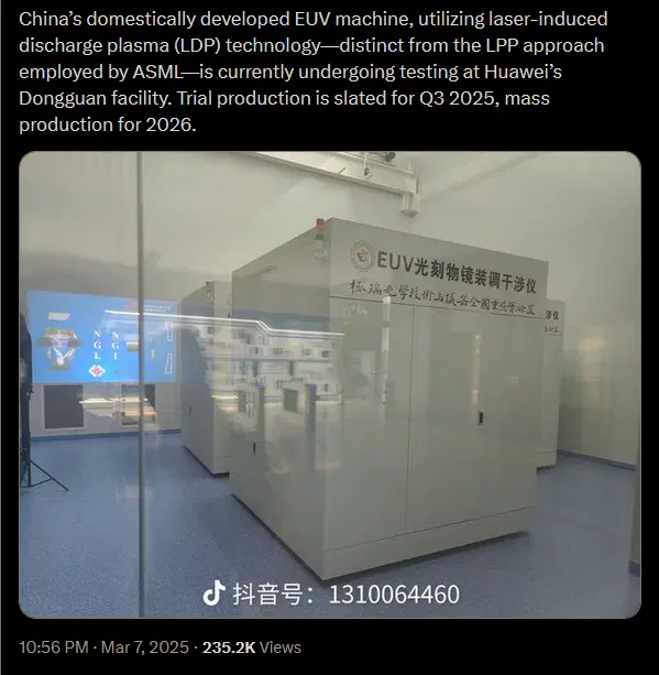 A sneak peek at the alleged Chinese-origin EUV lithography machine, as claimed by an anonymous social media user