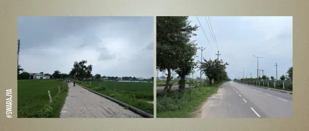 Farmlands, villages, and Industries co-existing.