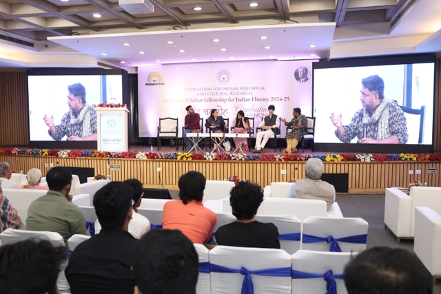 Graduating fellows in a panel discussion about their research with television journalist Marya Shakil (FIHCR).