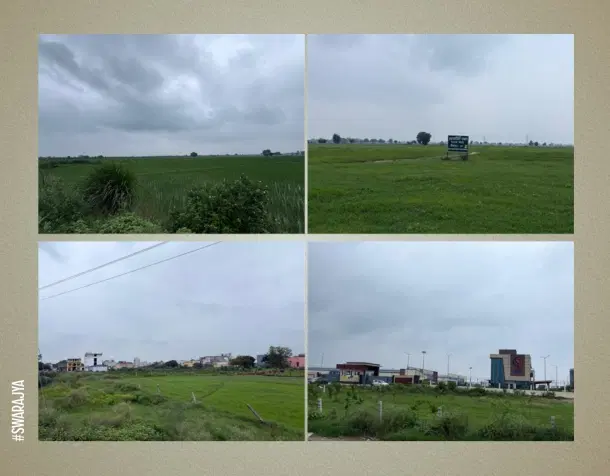 Farmlands, villages, and Industries co-existing.