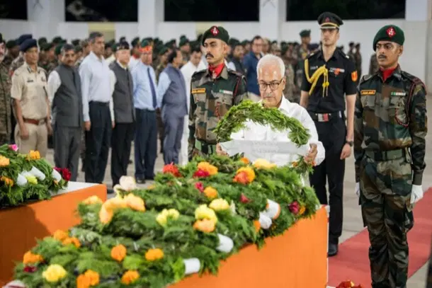 Manipur Governor Ajay Kumar Bhalla pays tribute by laying a wreath on the mortal remains of two Assam Rifles jawans killed in the Bishnupur ambush. (X)