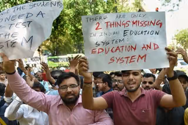 Students protesting against exam mismanagement and paper leaks. (PTI)