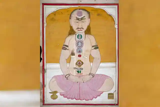 An artist's illustration of the chakras along the kundalini (Wikimedia Commons)