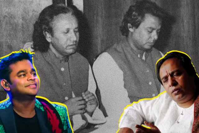 Background: The Junior Dagar brothers, Ustad Zahiruddin Dagar and Ustad Faiyazuddin Dagar. Foreground: AR Rahman (left) and Ustad Wasifuddin Dagar (right)