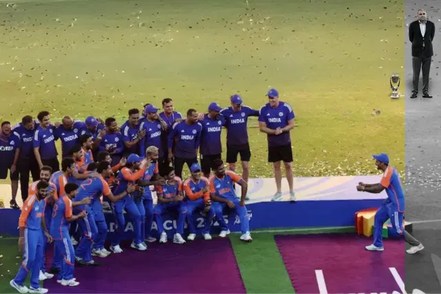 India's captain Suryakumar Yadav pretends to hold the trophy as the victorious team refuses to accept the trophy from the Pakistani Minister and PCB Chief Mohsin Naqvi. (via Anmol Jain)
