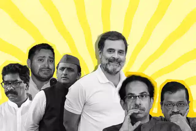 INDI Alliance leaders: Hemant Soren, Tejashwi Yadav, Akhilesh Yadav, Rahul Gandhi, Uddhav Thackeray, and Arvind Kejriwal (left to right).