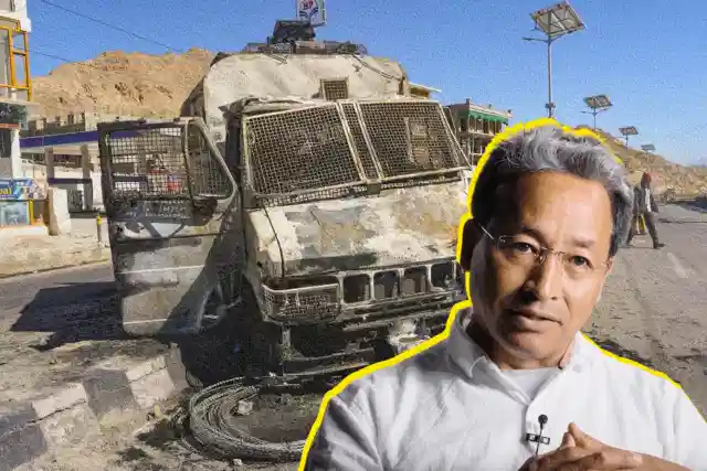 Torched police vehicle during the protest in Ladakh (background) and Sonam Wangchuk (foreground).