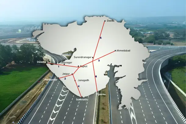 The planned expressway network in the peninsular Gujarat.
