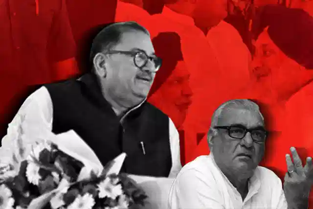 Abhay Singh Chautala, President of the Indian National Lok Dal (INLD) (left) and Bhupinder Singh Hooda, senior Congress leader (right).