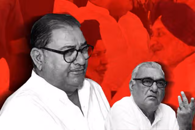 Abhay Singh Chautala, President of the Indian National Lok Dal (INLD) (left) and Bhupinder Singh Hooda, senior Congress leader (right).