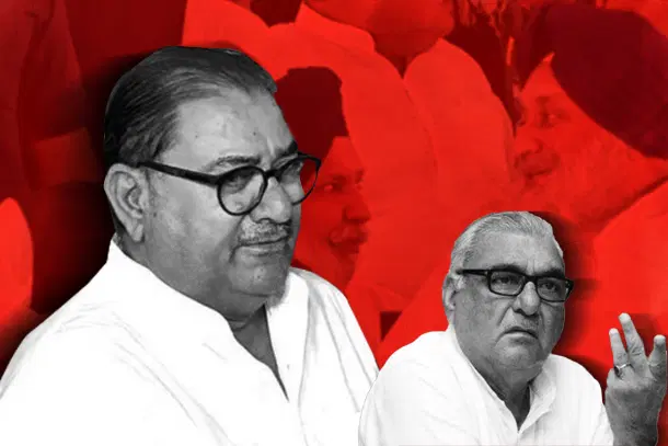 Abhay Singh Chautala, President of the Indian National Lok Dal (INLD) (left) and Bhupinder Singh Hooda, senior Congress leader (right).