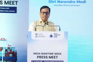 Union Minister Sarbananda Sonowal during a press conference at the NESCO Exhibition Centre