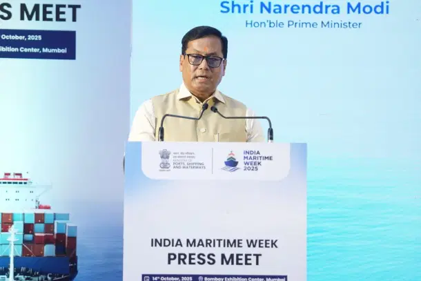 Union Minister Sarbananda Sonowal during a press conference at the NESCO Exhibition Centre