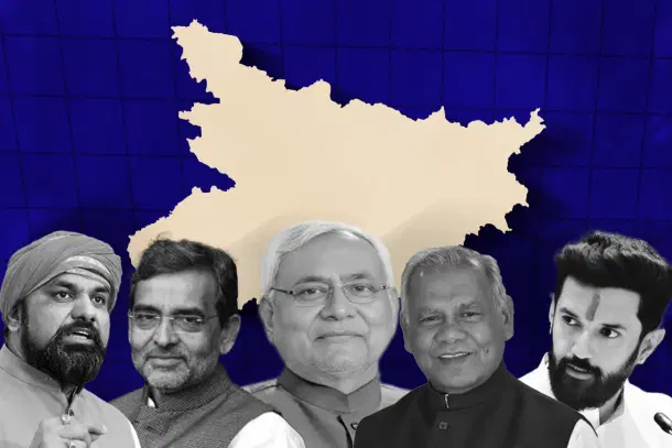 Left to Right: Samrat Chaudhary (BJP), Upendra Kushwaha (RLSP), CM Nitish Kumar (JDU), Jitan Ram Manjhi (HAM), Chirag Paswan (LJP(RM)).