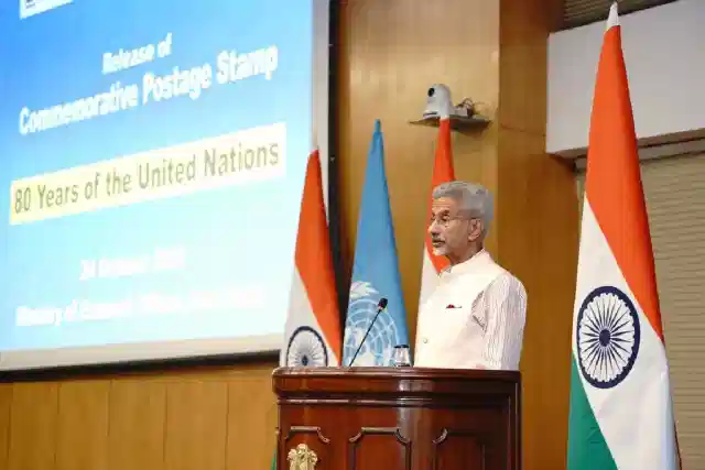 External Affairs Minister S Jaishankar speaking at an event to launch a postage stamp marking the UN’s 80th anniversary in New Delhi