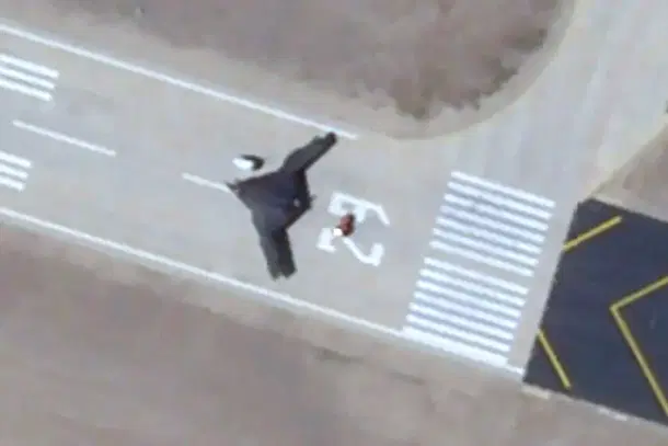 A newly spotted large stealth aircraft on the runway at China’s secretive Malan test base in Xinjiang.