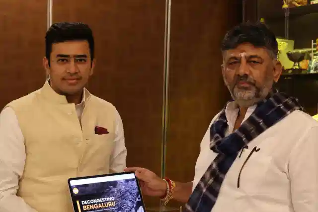 BJP MP Tejasvi Surya with Karnataka Deputy CM D K Shivakumar