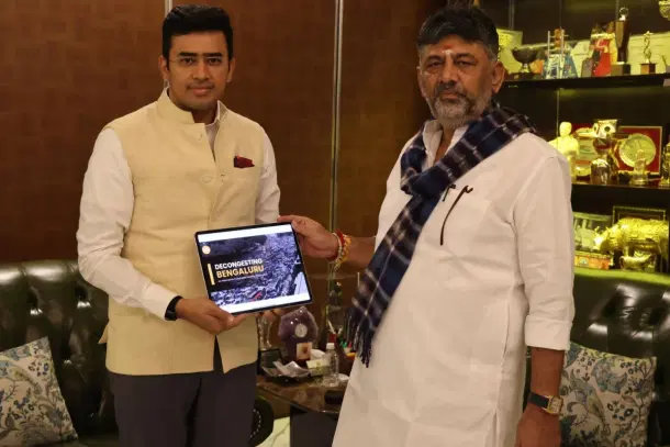 BJP MP from Bangalore South Tejasvi Surya walked into a meeting with Karnataka Deputy Chief Minister DK Shivakumar.