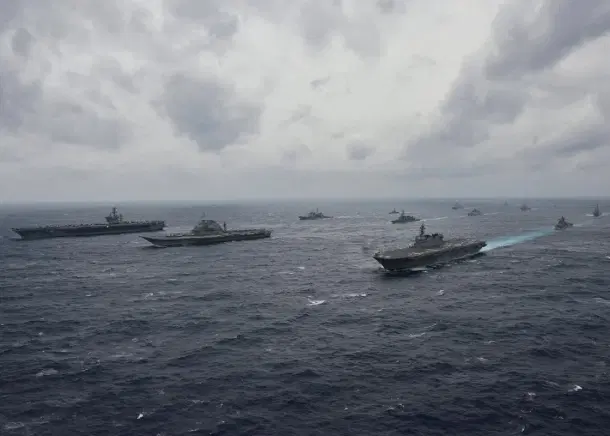 Carriers from the Indian navy, Japan’s Maritime Self-Defense Force and the US Navy sail in formation during exercise Malabar 2017. (US Navy/Twitter) (Representative Image)