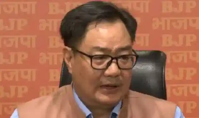 Union minister Kiren Rijiju addresses a press conference at the BJP headquarters in New Delhi