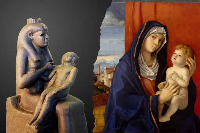Left: A figure of the Egyptian Goddess, Isis. Right: Giovanni Bellini's 'Madonna and Child'.