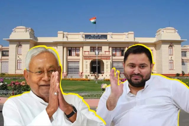 Foreground: Nitish Kumar and Tejashvi Yadav. Background: Bihar Legislative Assembly.