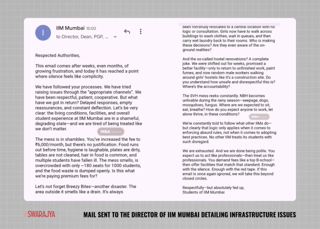 Mail sent to the director of IIM Mumbai detailing infrastructure issues. (via: MBA Social)