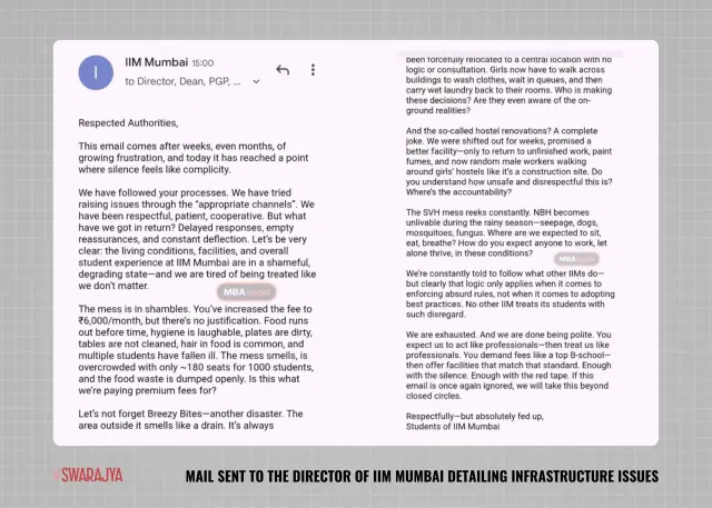 Mail sent to the director of IIM Mumbai detailing infrastructure issues. (via: MBA Social)