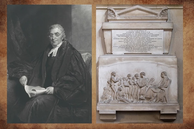 Andrew Bell.  Memorial in Westminster Abbey shows indebtedness to Madras system for educating the British poor.