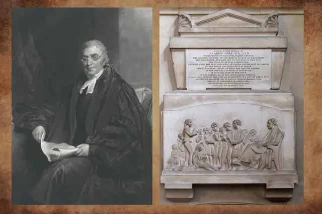 Andrew Bell. Memorial in Westminster Abbey shows indebtedness to Madras system for educating the British poor.