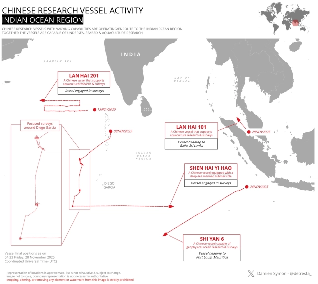 Four Chinese research vessels — Lan Hai 101, Lan Hai 201, Shen Hai Yi Hao, and Shi Yan 6 — are active or en route in the Indian Ocean Region, conducting surveys near Sri Lanka, Mauritius, and Diego Garcia. (@detresfa_/X)