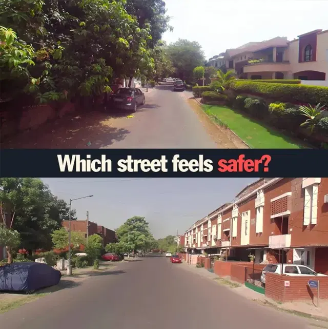 A comparison between two streets. One with trees another without.