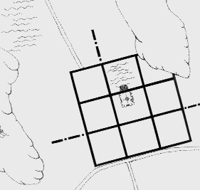The tilted square grid of nine blocks dropped into the valley, with the future palace marked at the centre.