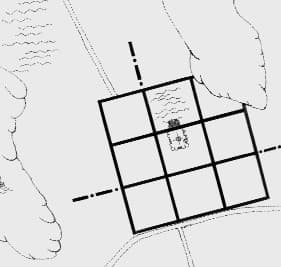 The tilted square grid of nine blocks dropped into the valley, with the future palace marked at the centre.