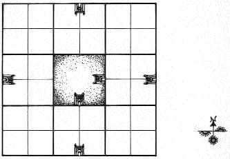 Classical vastu mandala of an ideal city, a square with a sacred centre and gates at the four directions.