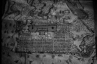 Painted eighteenth century map of Jaipur, the glowing rectangle of the walled city set within fields rivers and hills.