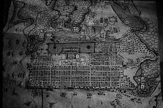 Painted eighteenth century map of Jaipur, the glowing rectangle of the walled city set within fields rivers and hills.