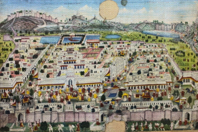 A parchment showing the ancient elevation of Jaipur city from the front. 