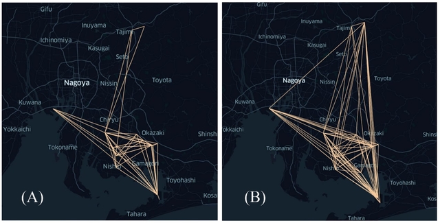 Figure 4: Connectivity graph for routes currently used by Aisin Corporation is shown in (A) and the ones found by a D-Wave hybrid solver is shown in (B). We see a substantially denser connectivity in the second case. (Courtesy: Weinberg, Sean J., et al. Scientific Reports 13.1: 4770, 2023.)