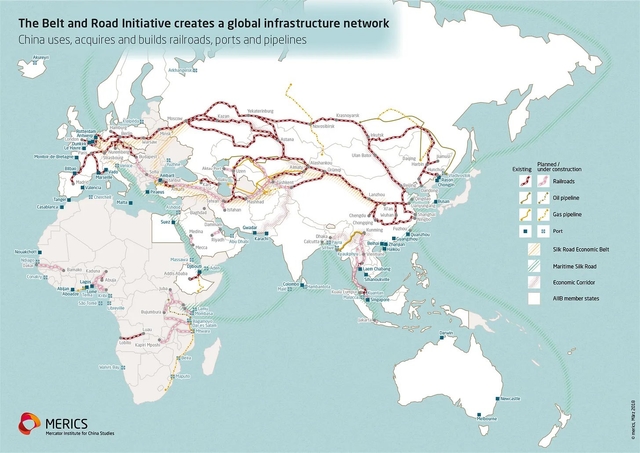 A map of BRI countries receiving infrastructure.