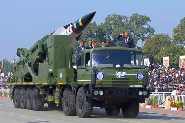 A mobile launcher carrying India’s long-range anti-ship hypersonic glide missile during the Republic Day parade at Kartavya Path.