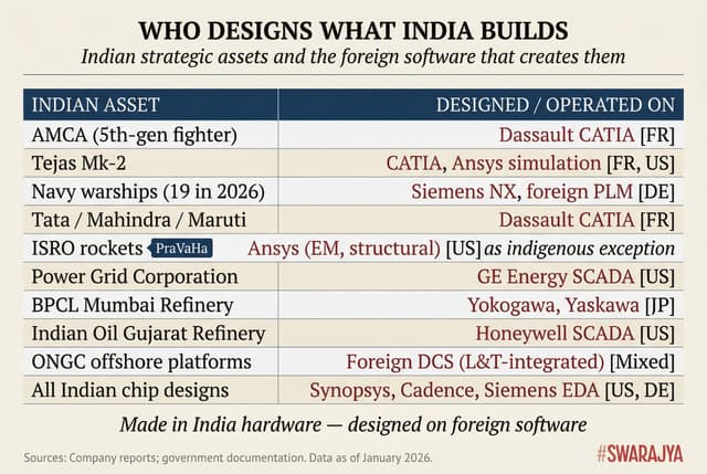 From fighter jets to refineries, a mapping of Indian strategic assets to the foreign software that creates and operates them. One exception: ISRO's indigenous PraVaHa.