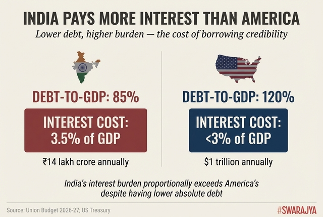 India carries 85% debt-to-GDP but pays 3.5% in interest. America carries 120% but pays under 3%. 