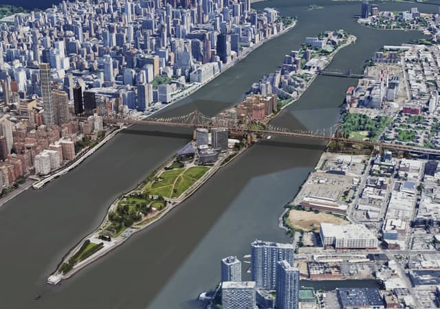 Welfare Island, now Roosevelt Island (Google Earth view).