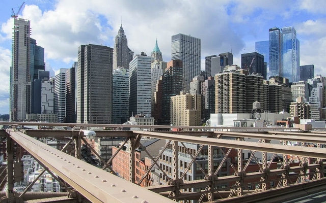 New York City skyline, viewed from the Brooklyn Bridge.