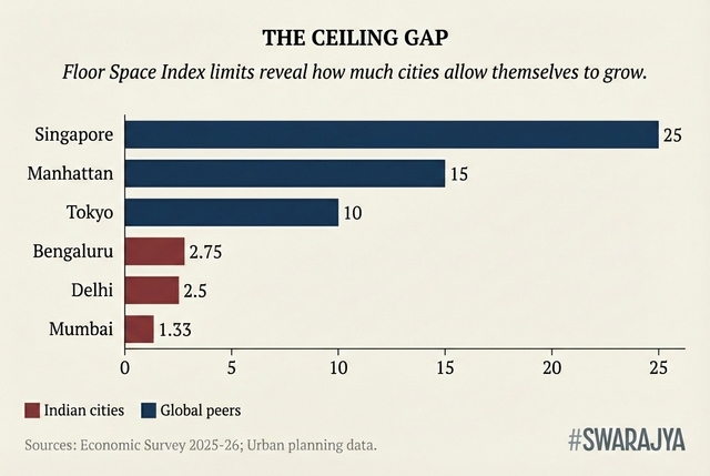 India's major cities operate under building limits five to twenty times lower than global peers. Singapore's recent waterfront approvals at 25 times plot area contrast starkly with Mumbai's 1.33 — a figure unchanged since 1991.