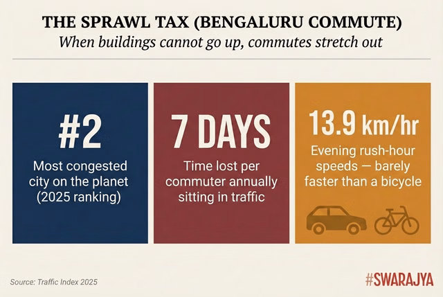 Low building limits push housing 10–20 km from city centres. The result: Bengaluru commuters lose the equivalent of a full work week every year sitting in traffic.