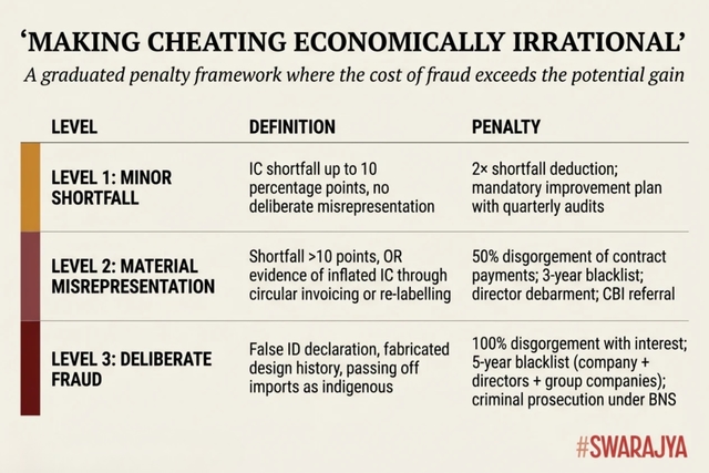 Only a steep, graduated penalty regime that makes fraud costlier than compliance can deter gaming of indigenous content norms. (Swarajya Magazine) 