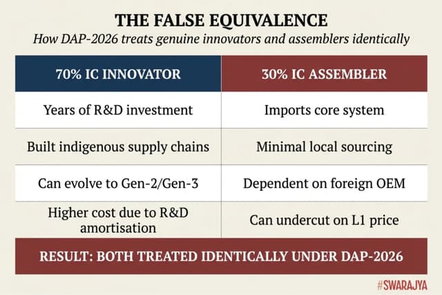 Draft DAP-2026 blurs the line between genuine innovators and low-value assemblers, placing years of indigenous R&D on the same footing as basic import-led integration. (Swarajya Magazine)
